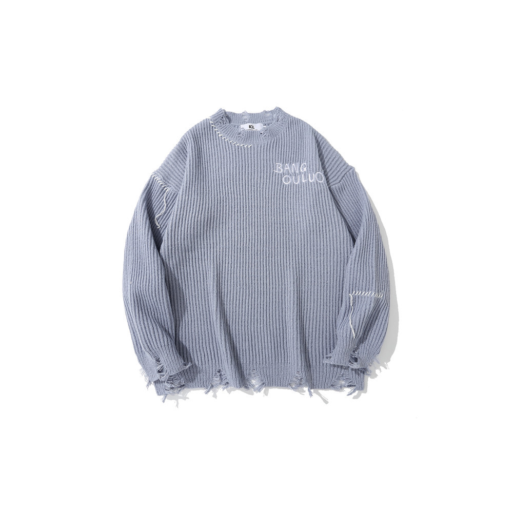Dark Embroidered Ripped Letter-printing Sweater Image 6