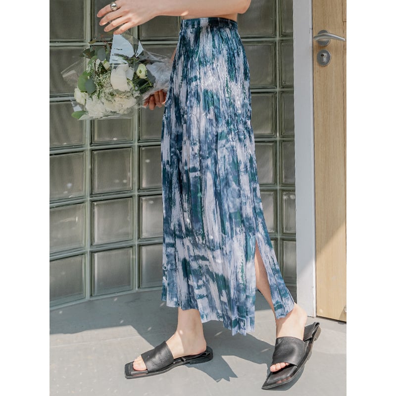 Acetate Print Pleated Skirt Hem Slit Skirt Image 6