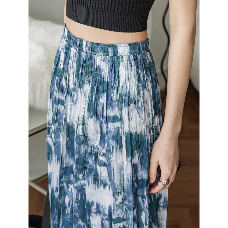 Acetate Print Pleated Skirt Hem Slit Skirt Image 3