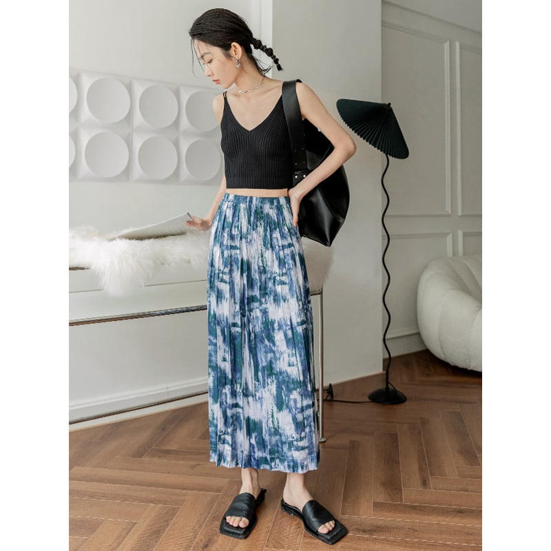 Acetate Print Pleated Skirt Hem Slit Skirt Image 7