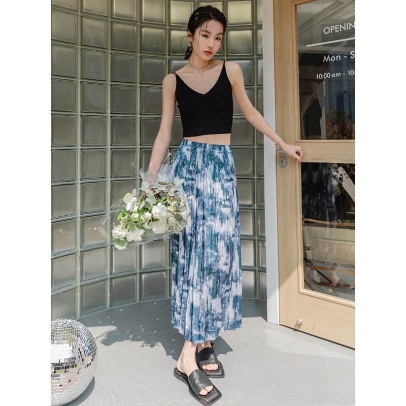 Acetate Print Pleated Skirt Hem Slit Skirt Image 4