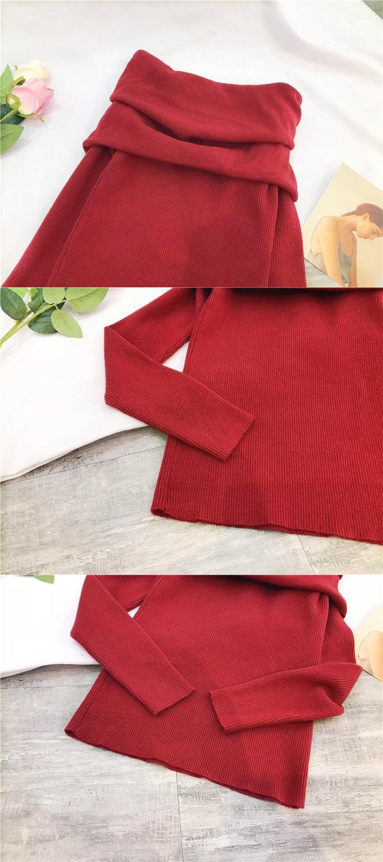 One-shoulder Sweater in Wine Red