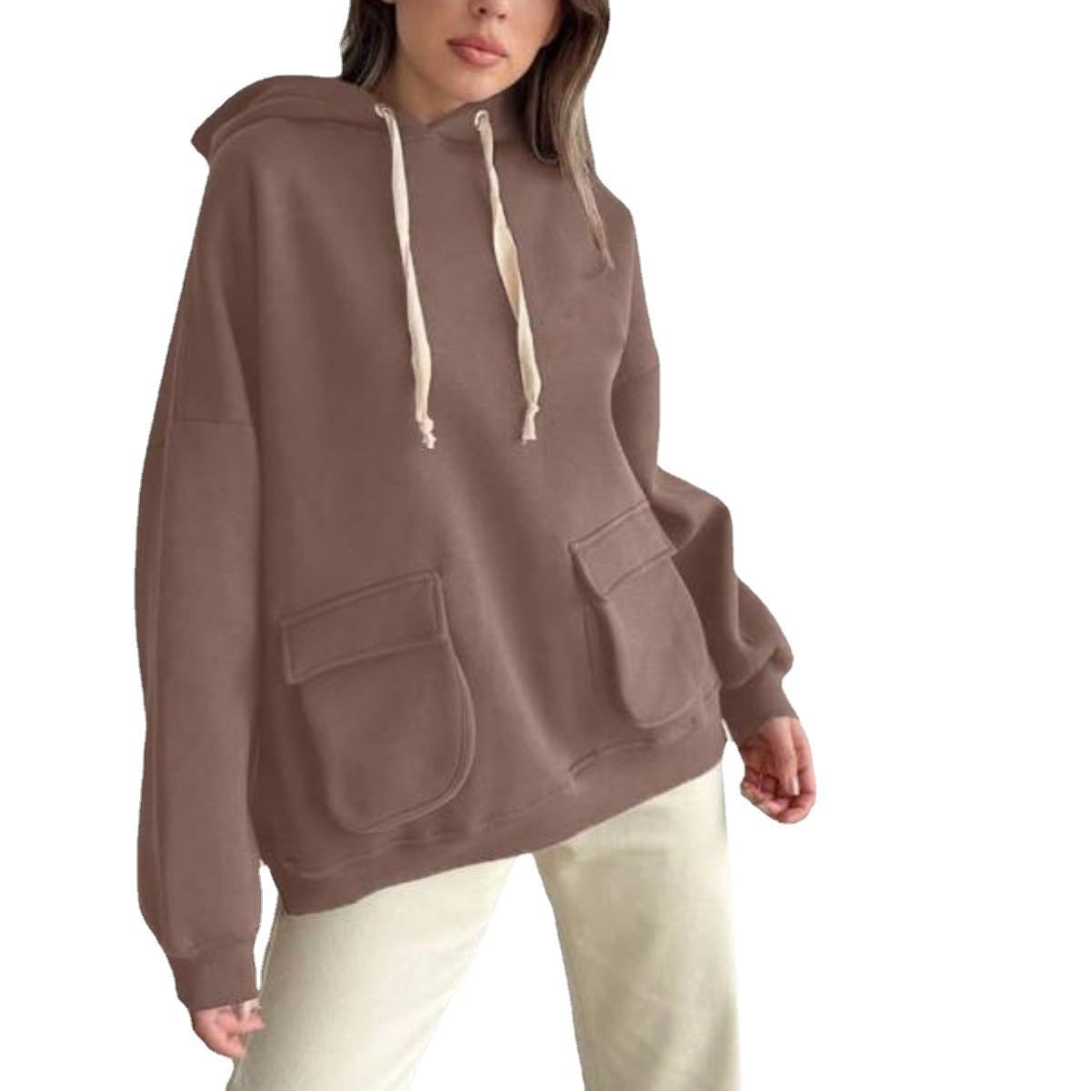 Loose Casual Long Sleeves Pocket Fleece Shirt Top Image 8