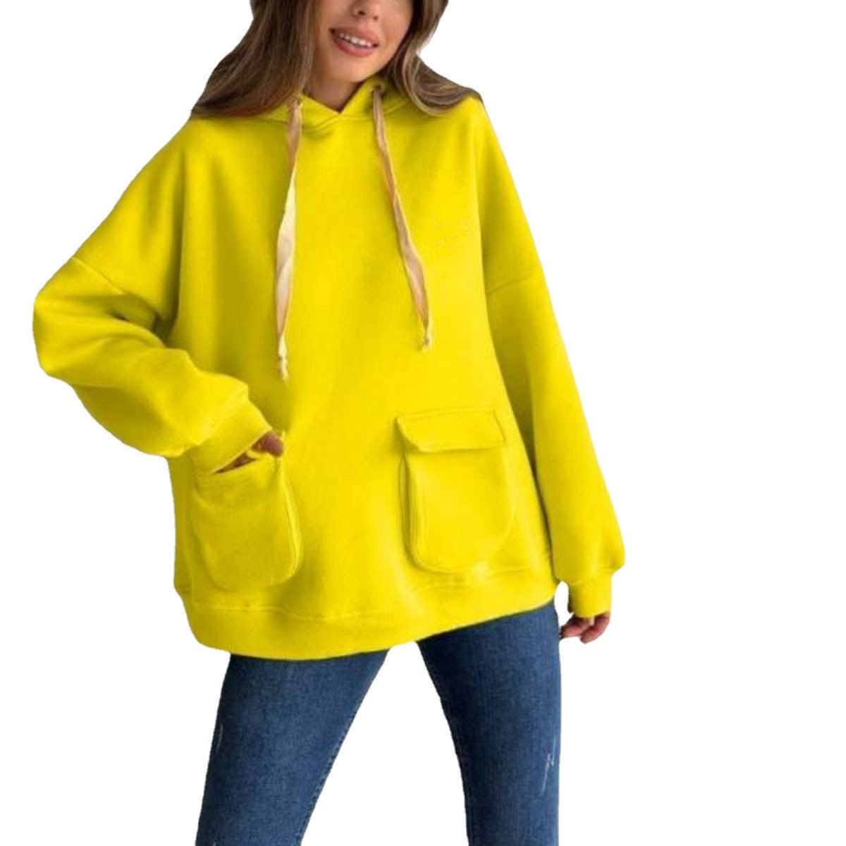 Loose Casual Long Sleeves Pocket Fleece Shirt Top Image 2