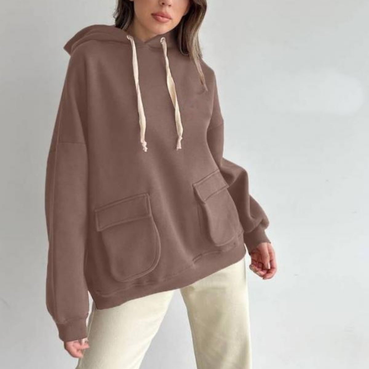 Loose Casual Long Sleeves Pocket Fleece Shirt Top Image 12