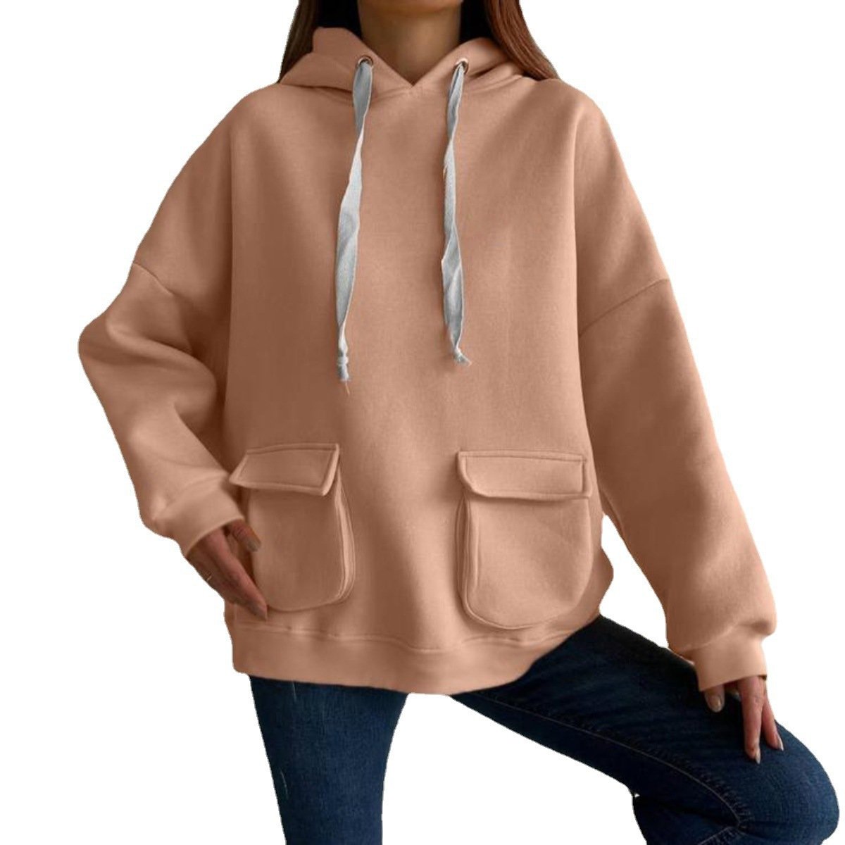 Loose Casual Long Sleeves Pocket Fleece Shirt Top Image 3