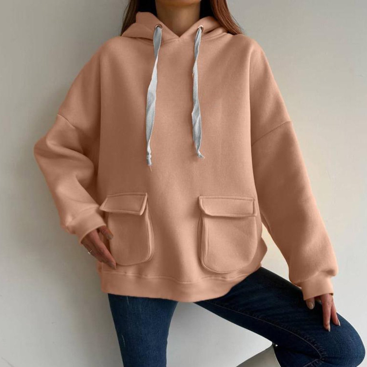Loose Casual Long Sleeves Pocket Fleece Shirt Top Image 11
