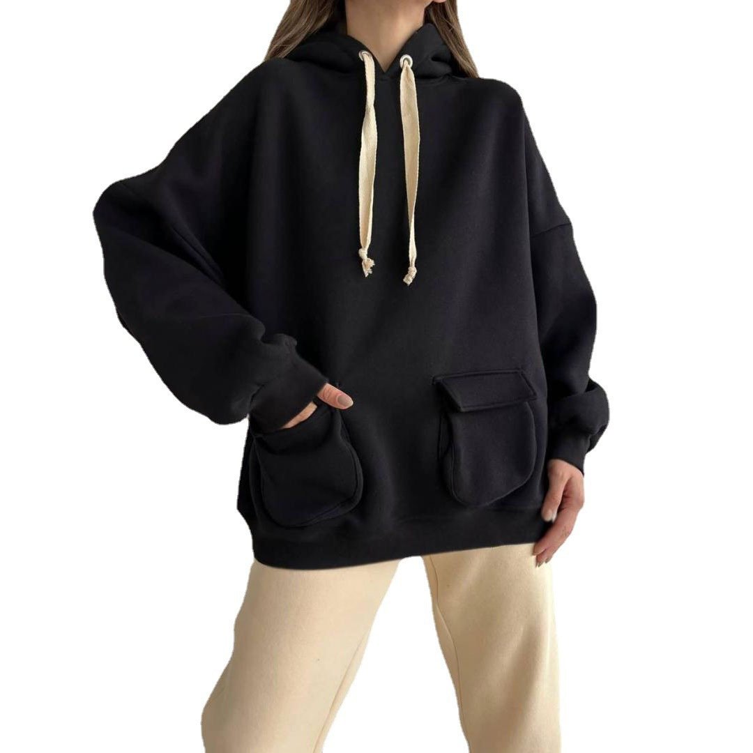 Loose Casual Long Sleeves Pocket Fleece Shirt Top Image 4