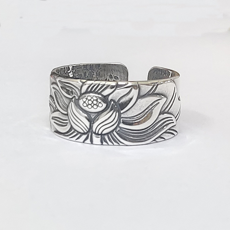 Adjustable Lotus Flower Silver Ring