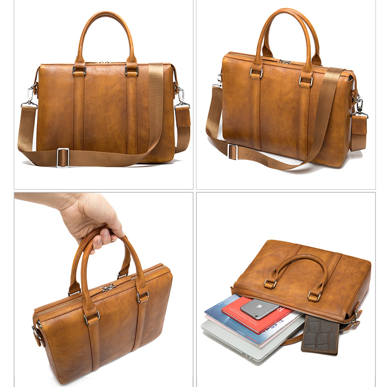 Men's Simple Solid Color Leather Briefcase Image 3
