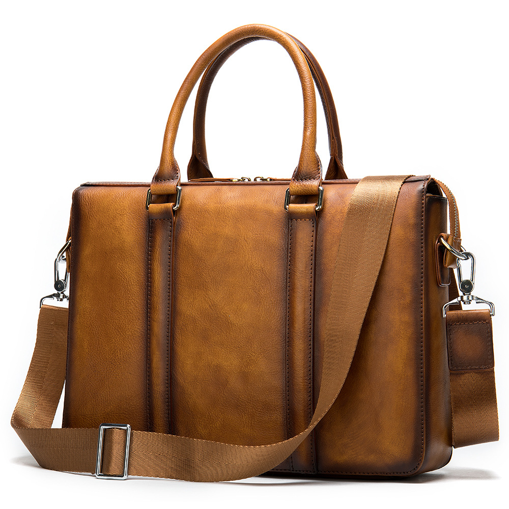 Men's Simple Solid Color Leather Briefcase Image 2