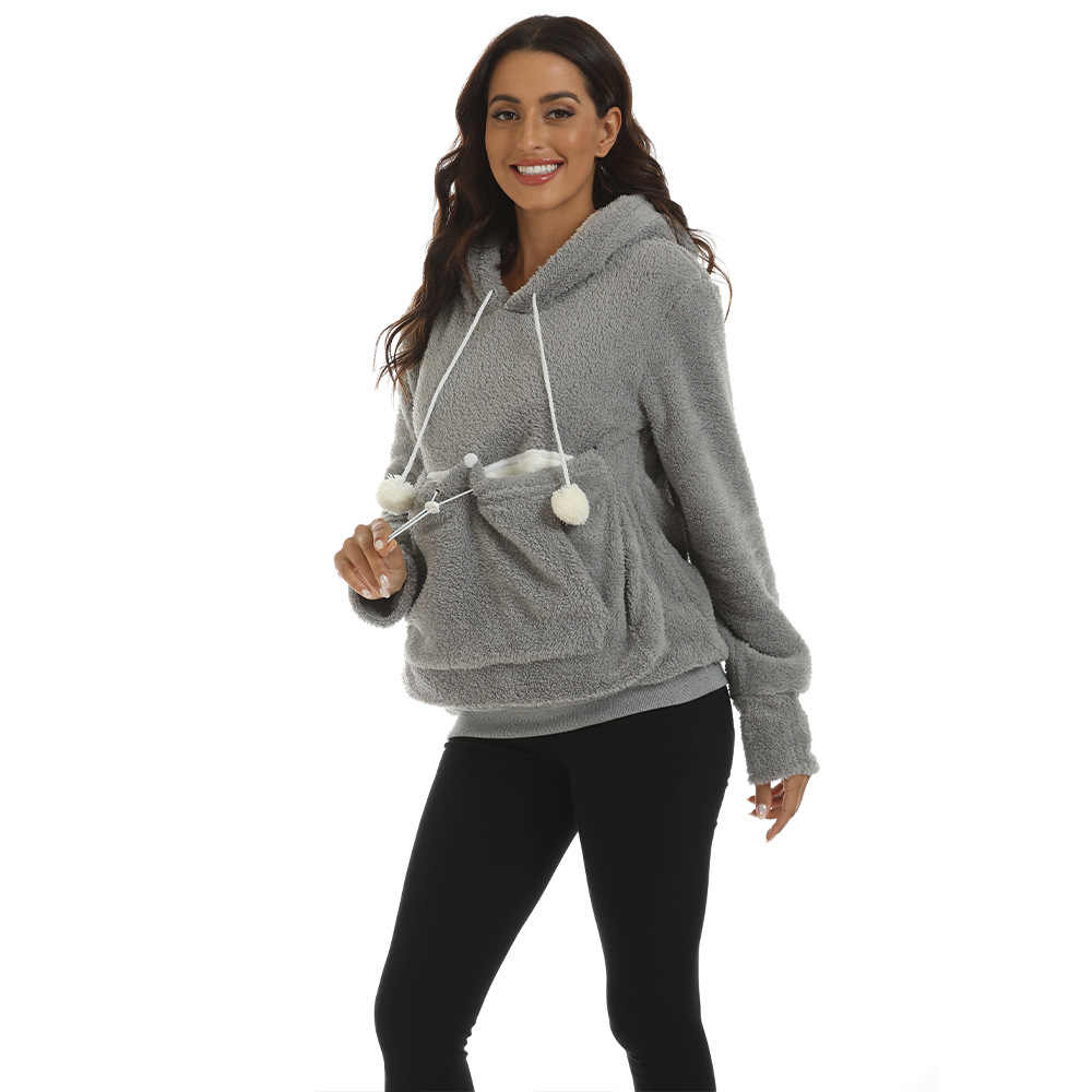 Large Pocket Solid Color Hooded Sweater Image 3