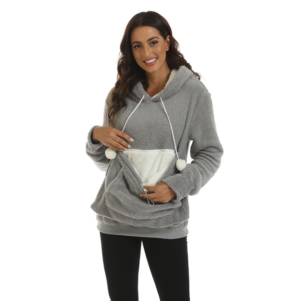 Large Pocket Solid Color Hooded Sweater Image 2