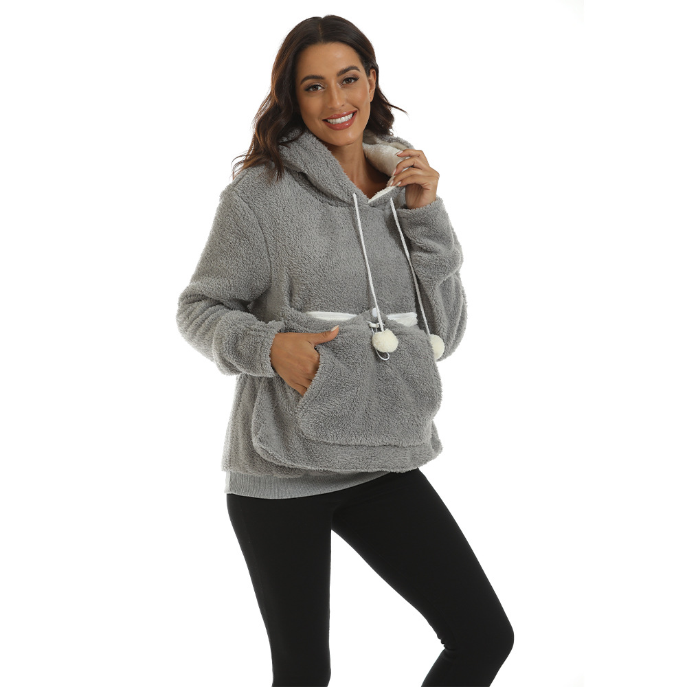 Large Pocket Solid Color Hooded Sweater Image 2