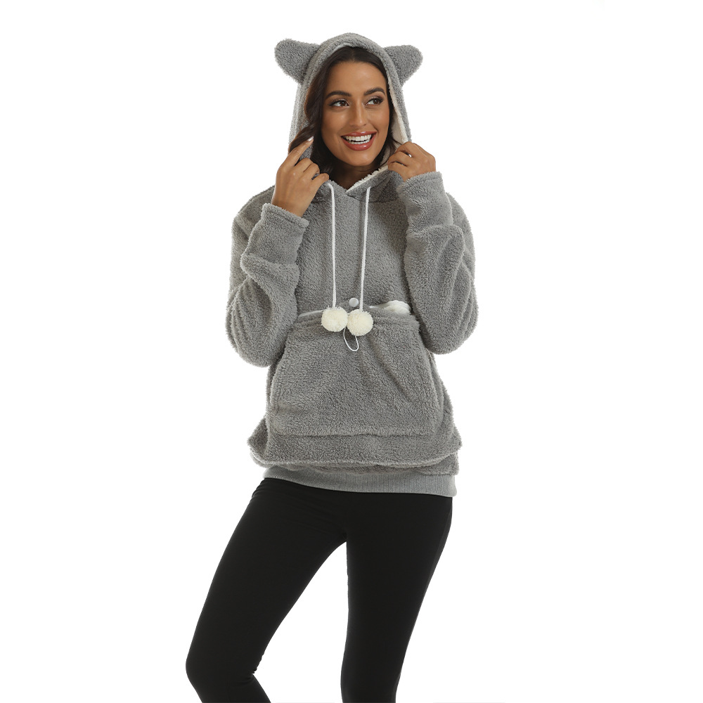 Large Pocket Solid Color Hooded Sweater Image 5