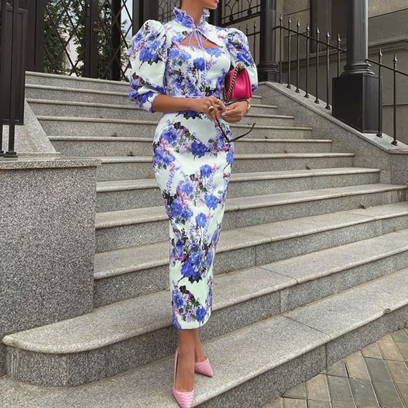 Women's Slim-fit Stand Collar Midi Printed Dress Image 5