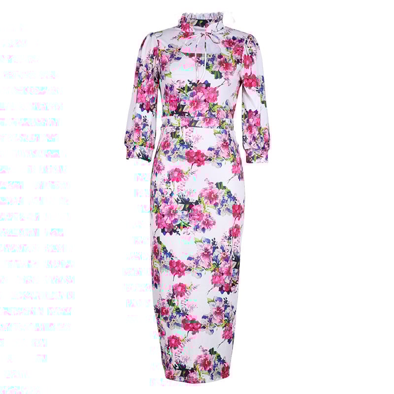 Women's Slim-fit Stand Collar Midi Printed Dress Image 6