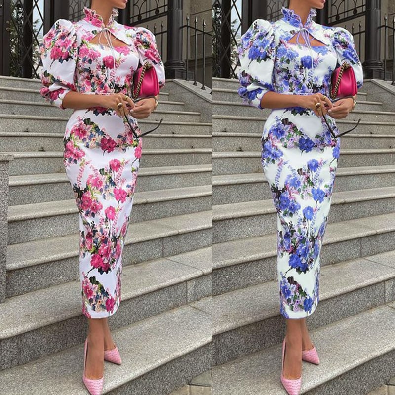 Women's Slim-fit Stand Collar Midi Printed Dress Image 2