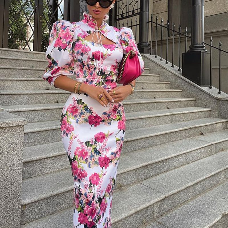 Women's Slim-fit Stand Collar Midi Printed Dress Image 4