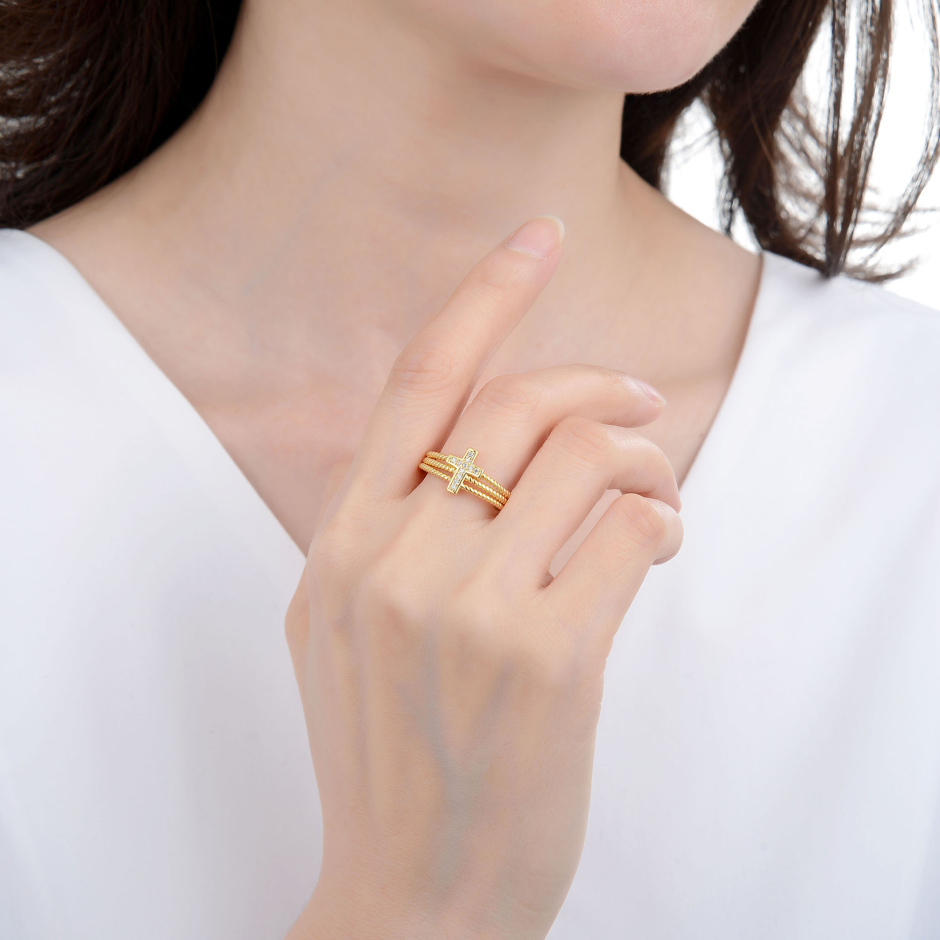 Silver Multilayer Zircon Cross Ring