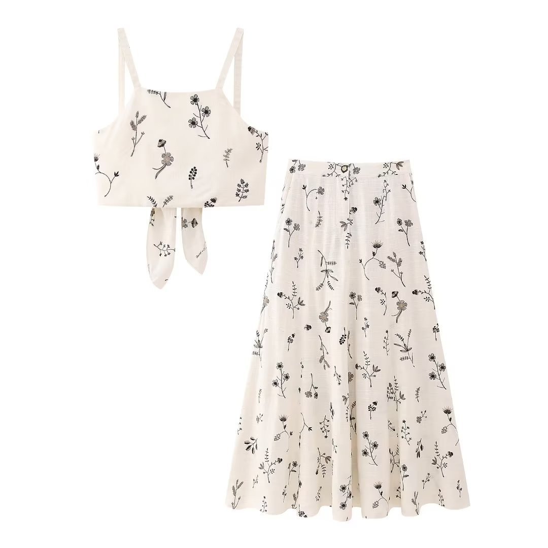 Embroidered Linen Blended Top Long Skirt 3