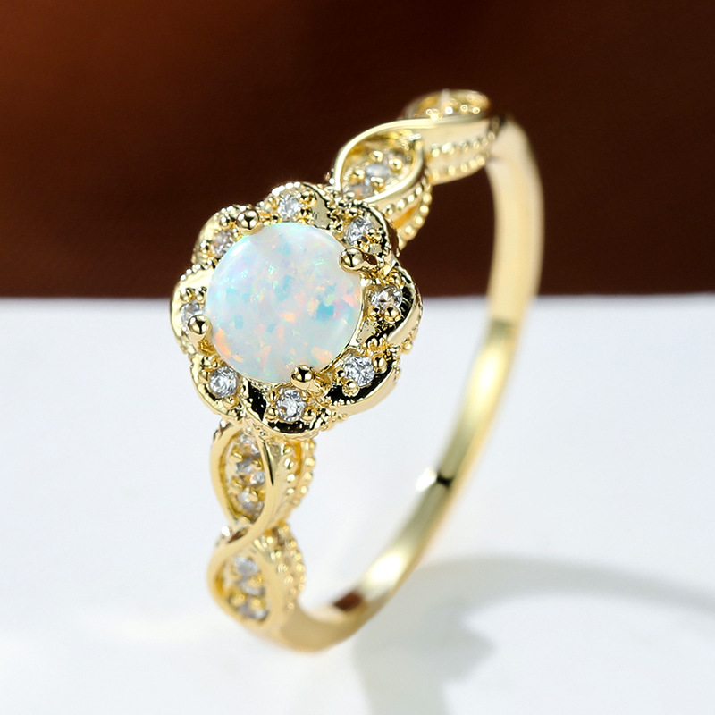 Platinum Round Opal Flower Ring Image 5