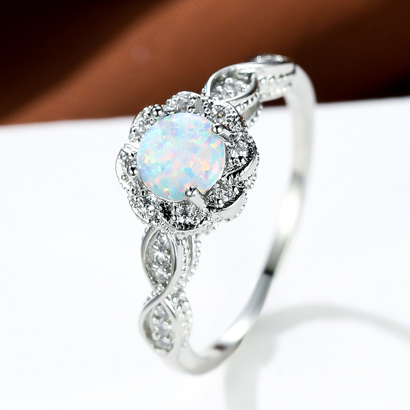 Platinum Round Opal Flower Ring Image 3