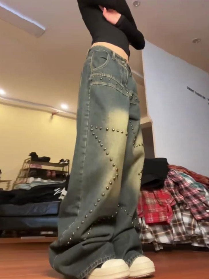 Plus Size American Retro Washed XINGX Rivet Jeans 3