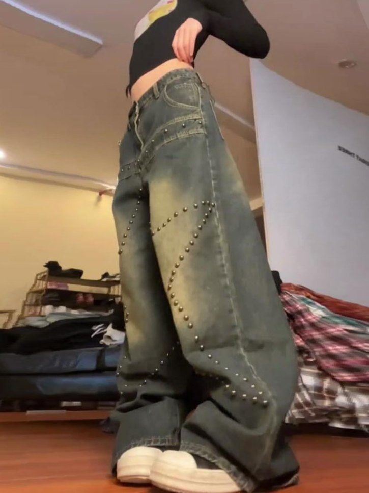 Plus Size American Retro Washed XINGX Rivet Jeans 10