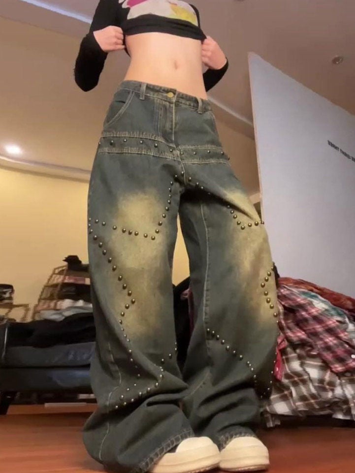 Plus Size American Retro Washed XINGX Rivet Jeans 4