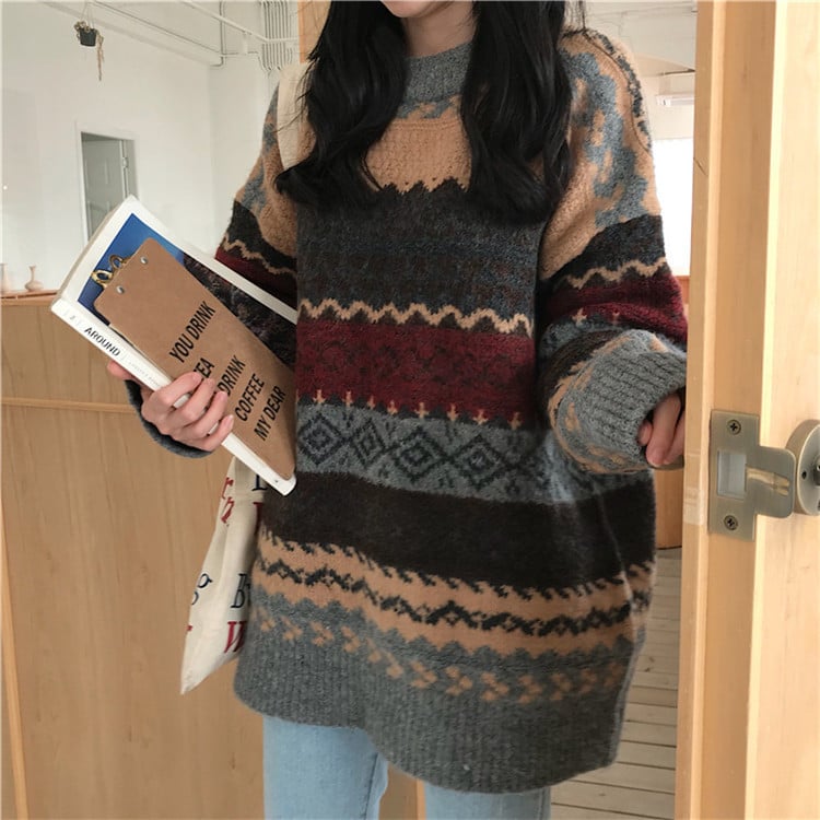 Women's Loose Fashion Jacquard Diamond Sweater 16