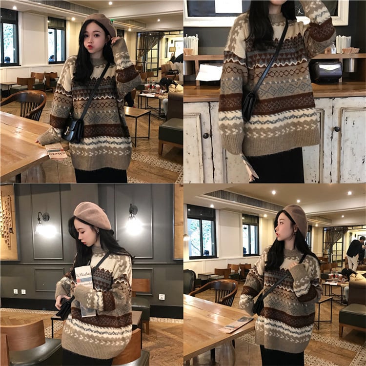 Women's Loose Fashion Jacquard Diamond Sweater 1