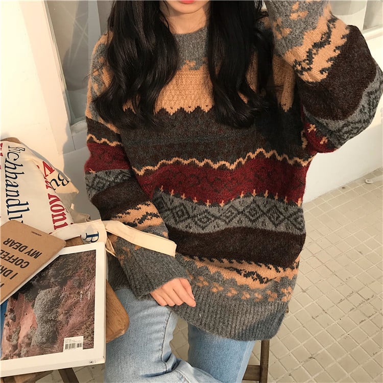 Women's Loose Fashion Jacquard Diamond Sweater 18