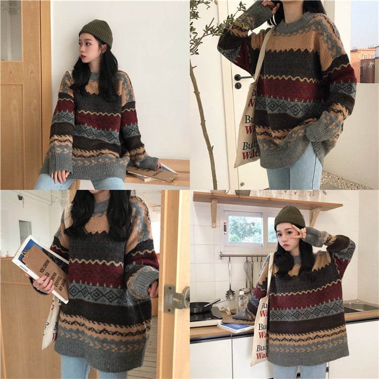Women's Loose Fashion Jacquard Diamond Sweater 12