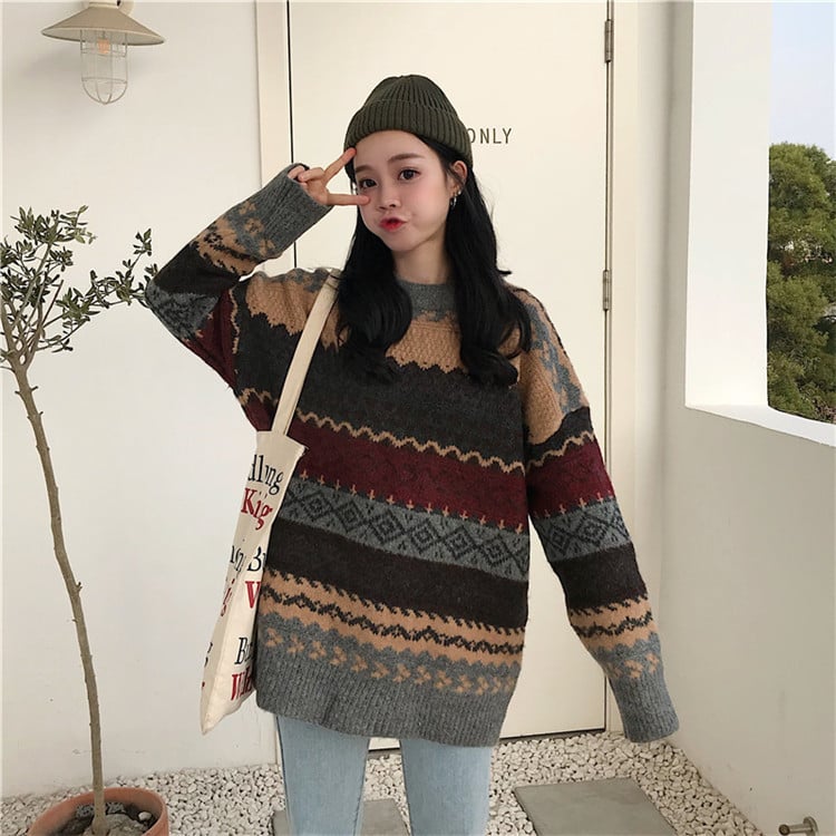 Women's Loose Fashion Jacquard Diamond Sweater 23