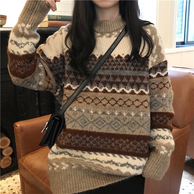 Women's Loose Fashion Jacquard Diamond Sweater 9