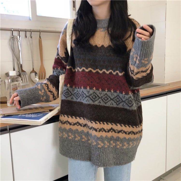 Women's Loose Fashion Jacquard Diamond Sweater 20