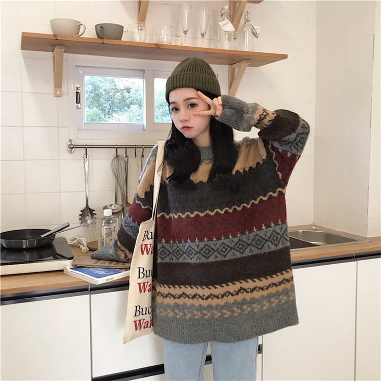 Women's Loose Fashion Jacquard Diamond Sweater 19