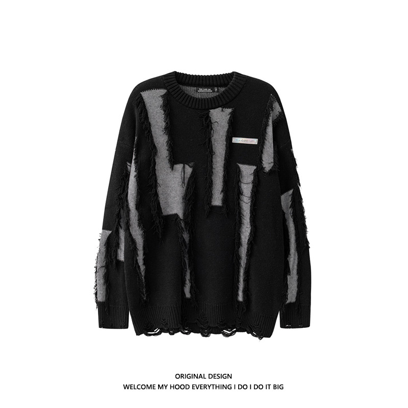 Men's and Women's Loose Round Neck Destroyed Sweater Image 6