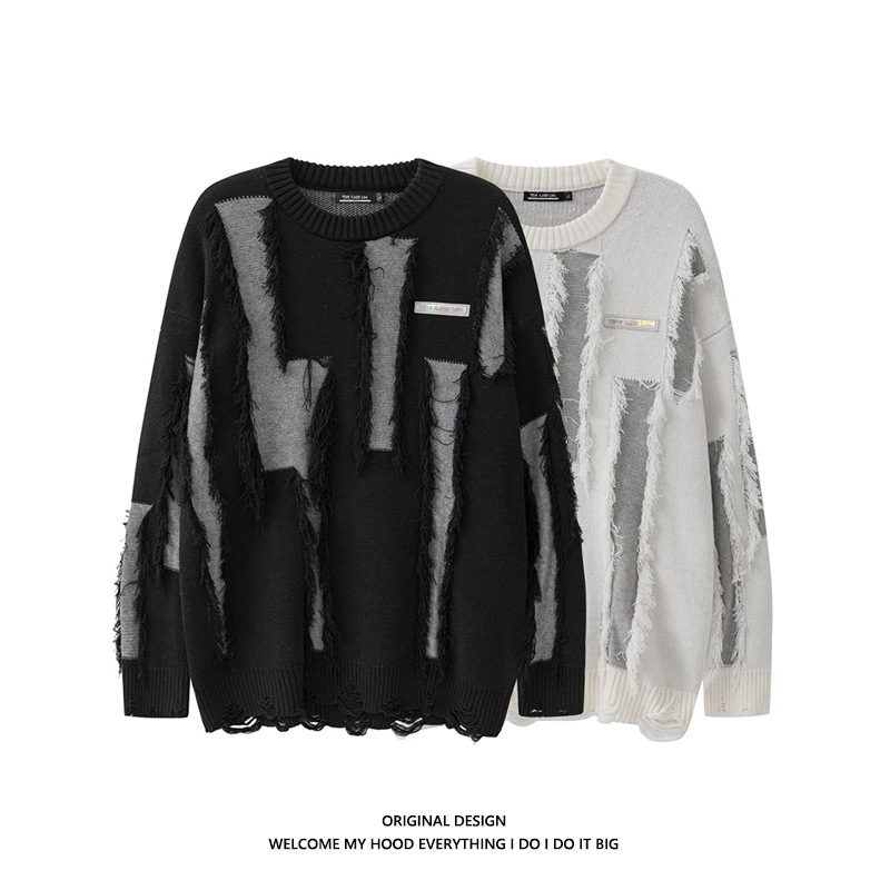 Men's and Women's Loose Round Neck Destroyed Sweater Image 4