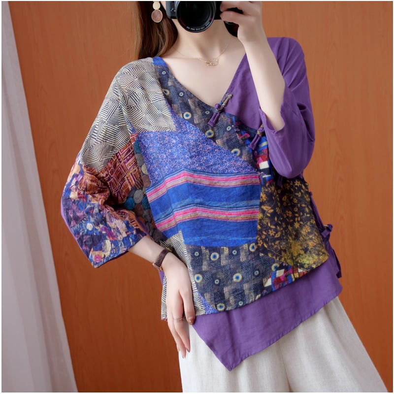 Women's Irregular Retro Printed Diagonal Ramie Buttoned Shirt 13