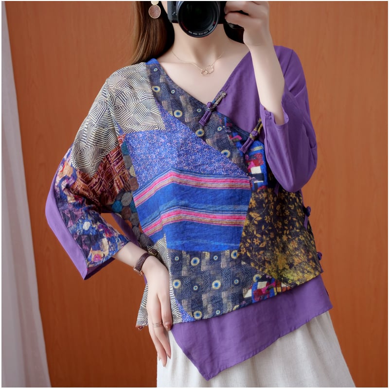 Women's Irregular Retro Printed Diagonal Ramie Buttoned Shirt 9