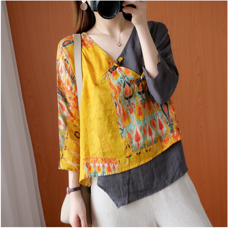 Women's Irregular Retro Printed Diagonal Ramie Buttoned Shirt 6