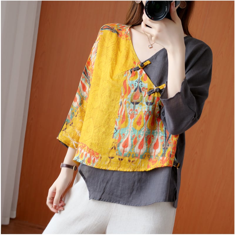 Women's Irregular Retro Printed Diagonal Ramie Buttoned Shirt 2