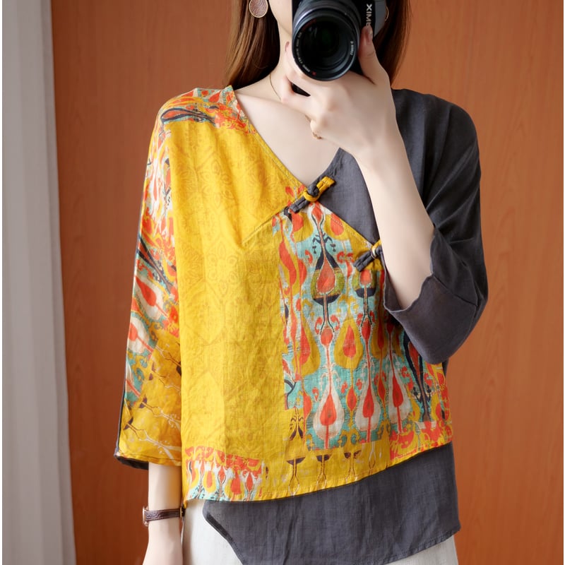 Women's Irregular Retro Printed Diagonal Ramie Buttoned Shirt 5