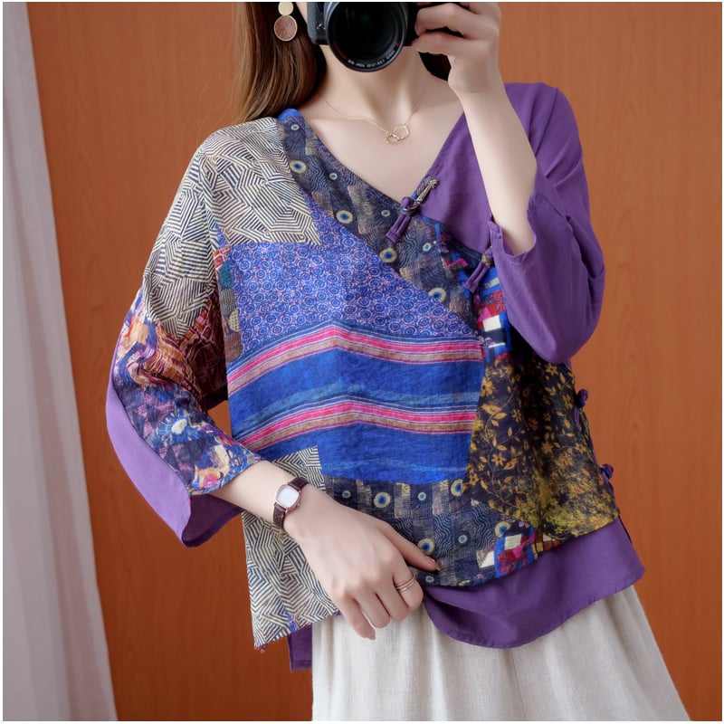 Women's Irregular Retro Printed Diagonal Ramie Buttoned Shirt 10
