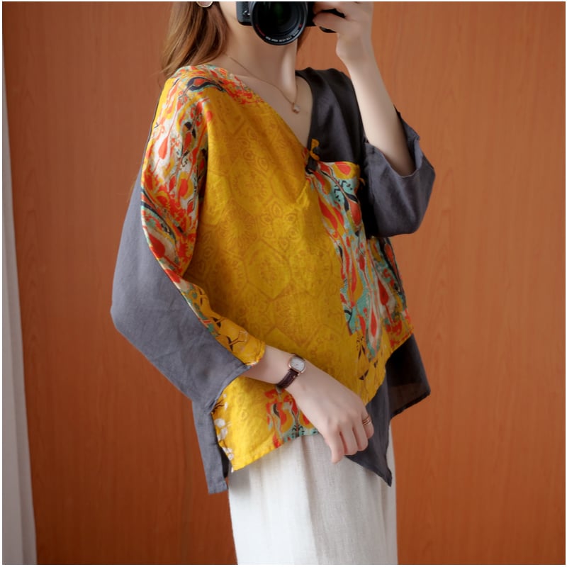 Women's Irregular Retro Printed Diagonal Ramie Buttoned Shirt 3