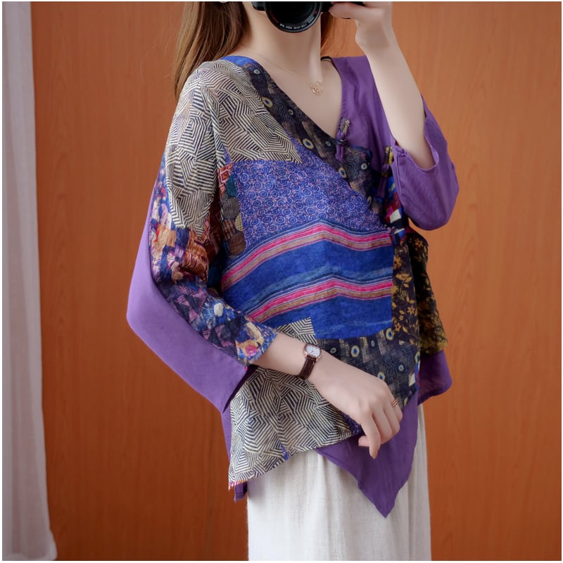 Women's Irregular Retro Printed Diagonal Ramie Buttoned Shirt 12