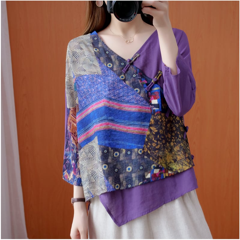 Women's Irregular Retro Printed Diagonal Ramie Buttoned Shirt 7