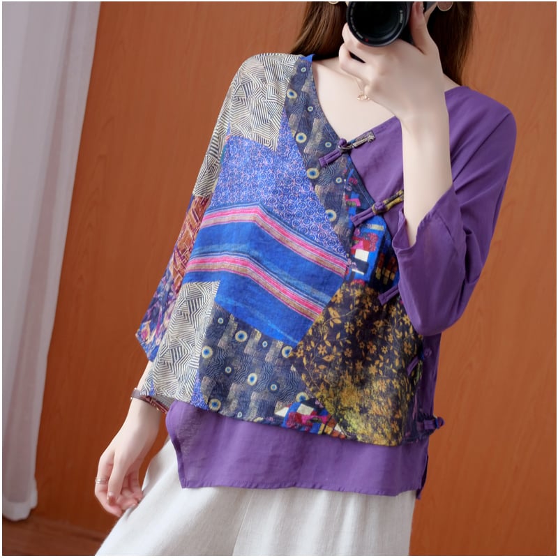 Women's Irregular Retro Printed Diagonal Ramie Buttoned Shirt 8